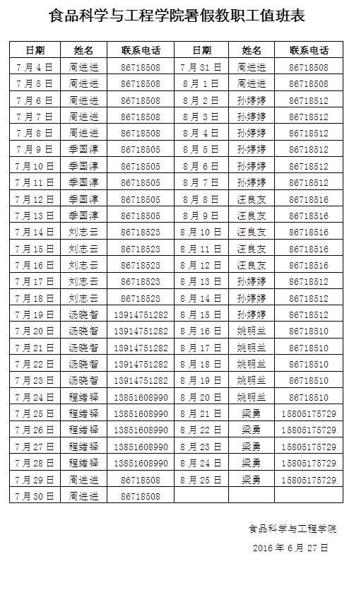 暑假教職工值班表